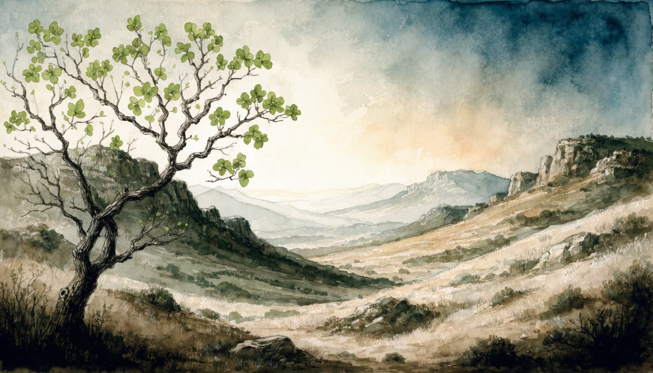 A watercolor landscape of a single fig tree with tender green leaves overlooking hills and a dramatic sky.