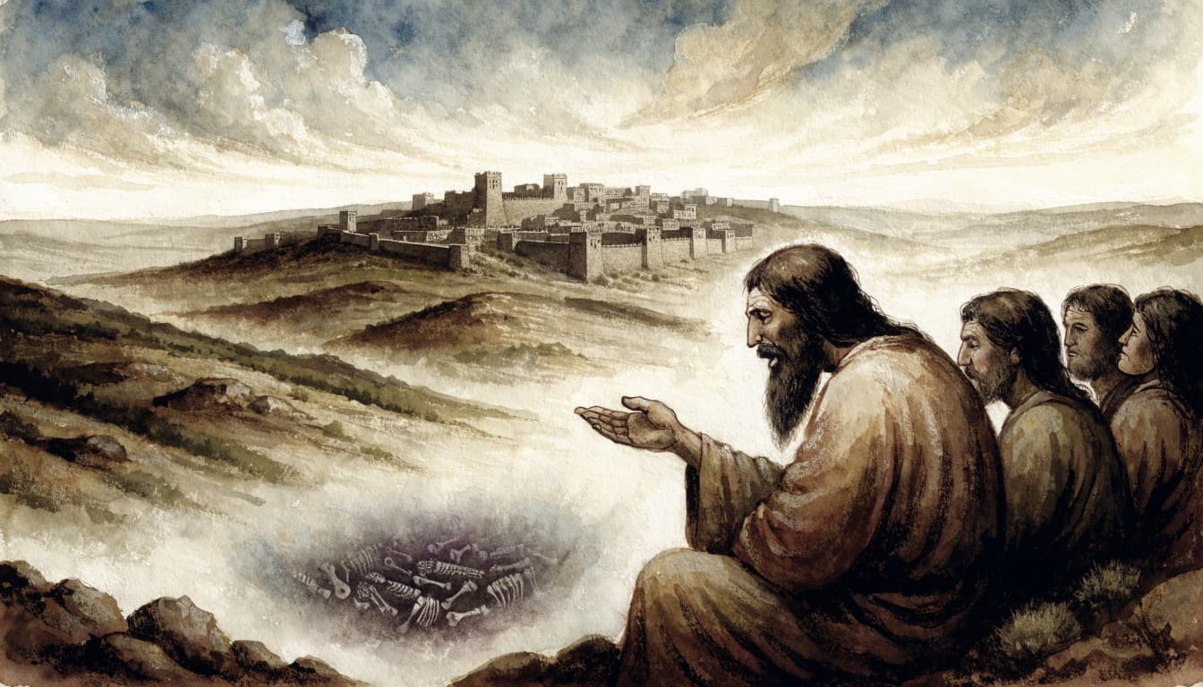 A watercolor illustration of an ancient prophet speaking to three listeners with a walled city in the distance.