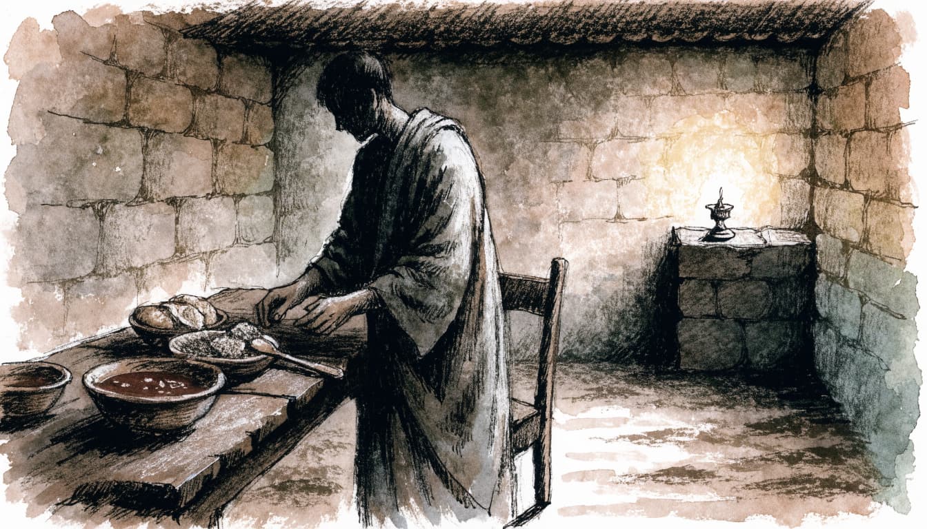 A watercolor illustration of a person setting food on a table in a stone room.