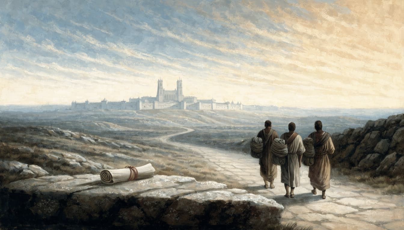 Three travelers walk along a winding road toward a distant city, with a rolled scroll on a stone in the foreground.