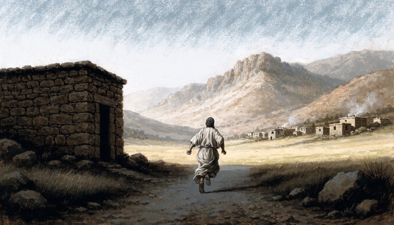An illustration of a figure running from a stone house toward rugged hills and a village.