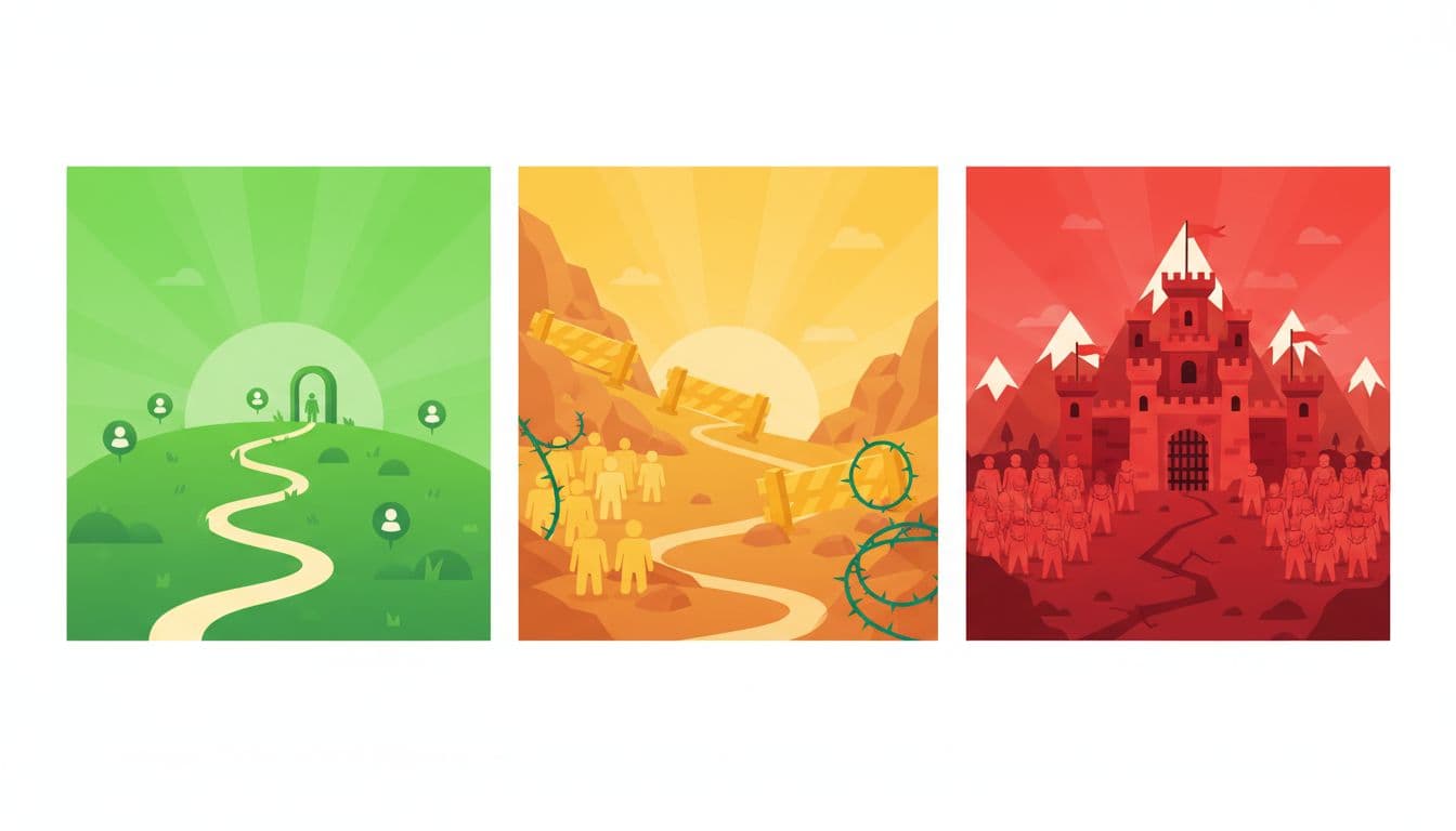 Visual scale representing keyword difficulty levels: low on left with green easy climb icons, medium in yellow with moderate barriers, high on right in red with tall mountains and fortresses. Simple illustrative style, three sections, landscape ratio.