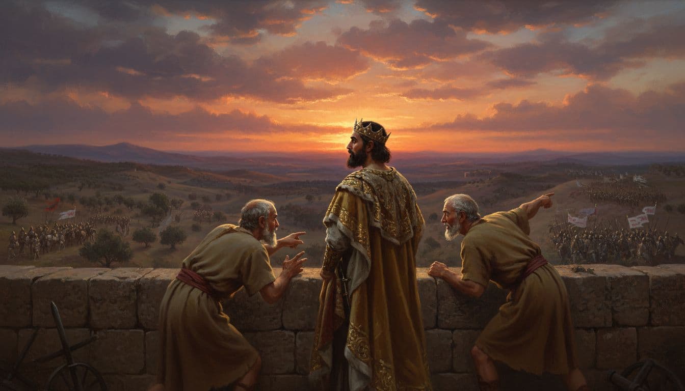King Ahaz and two advisors stand on Jerusalem walls watching Syrian and Israelite armies approach through distant hills under cloudy evening sky.