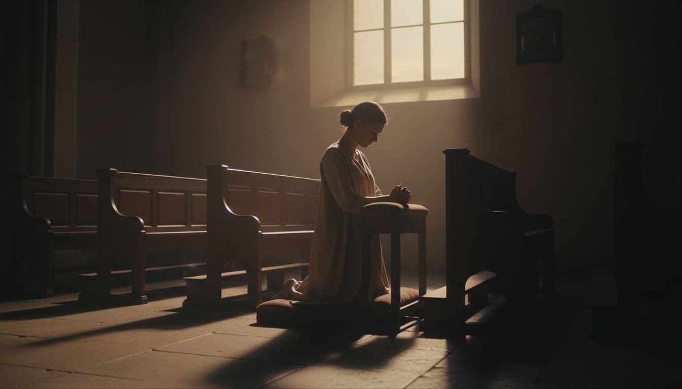 One person kneels alone in prayer in a dimly lit chapel with wooden pews at dusk, soft warm light from a high window casting dramatic shadows and highlighting the bowed head and clasped hands.