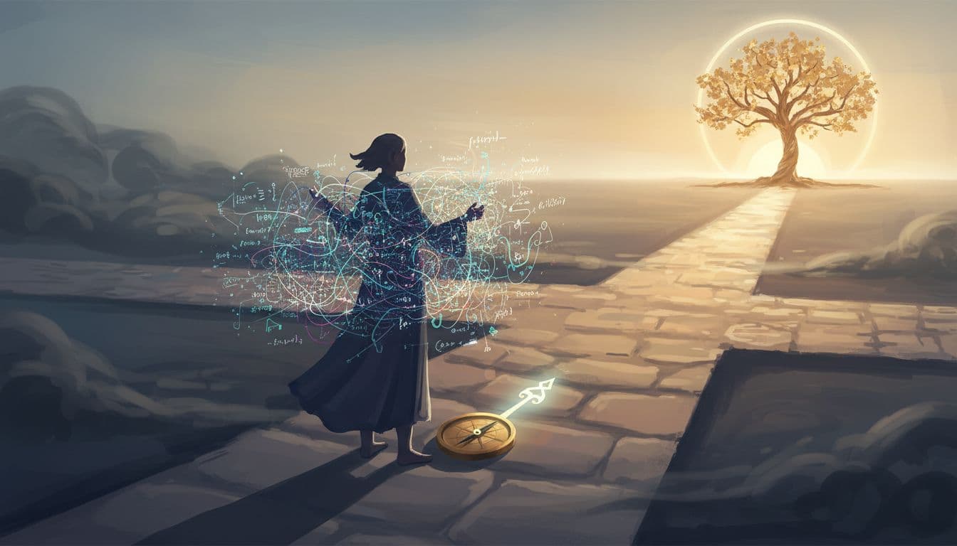 A golden morning sun illuminates a landscape where a detailed cartographic map and vintage compass rest upon a branching crossroads. A clear, gentle path leads toward a bright, distant horizon line.