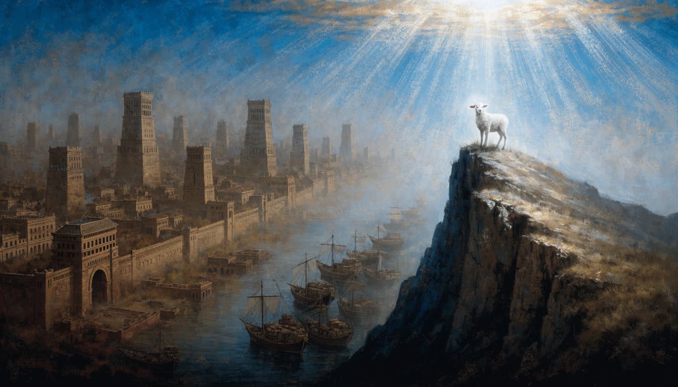 A radiant white lamb stands on a cliff overlooking an ancient city with towers and ships.