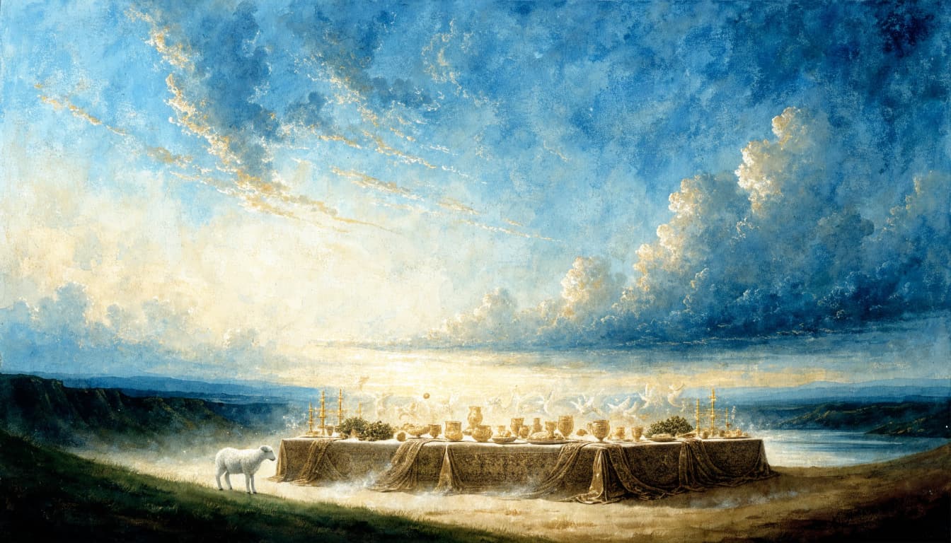 A watercolor illustration of a banquet table and a lamb beneath a bright, cloudy sky.