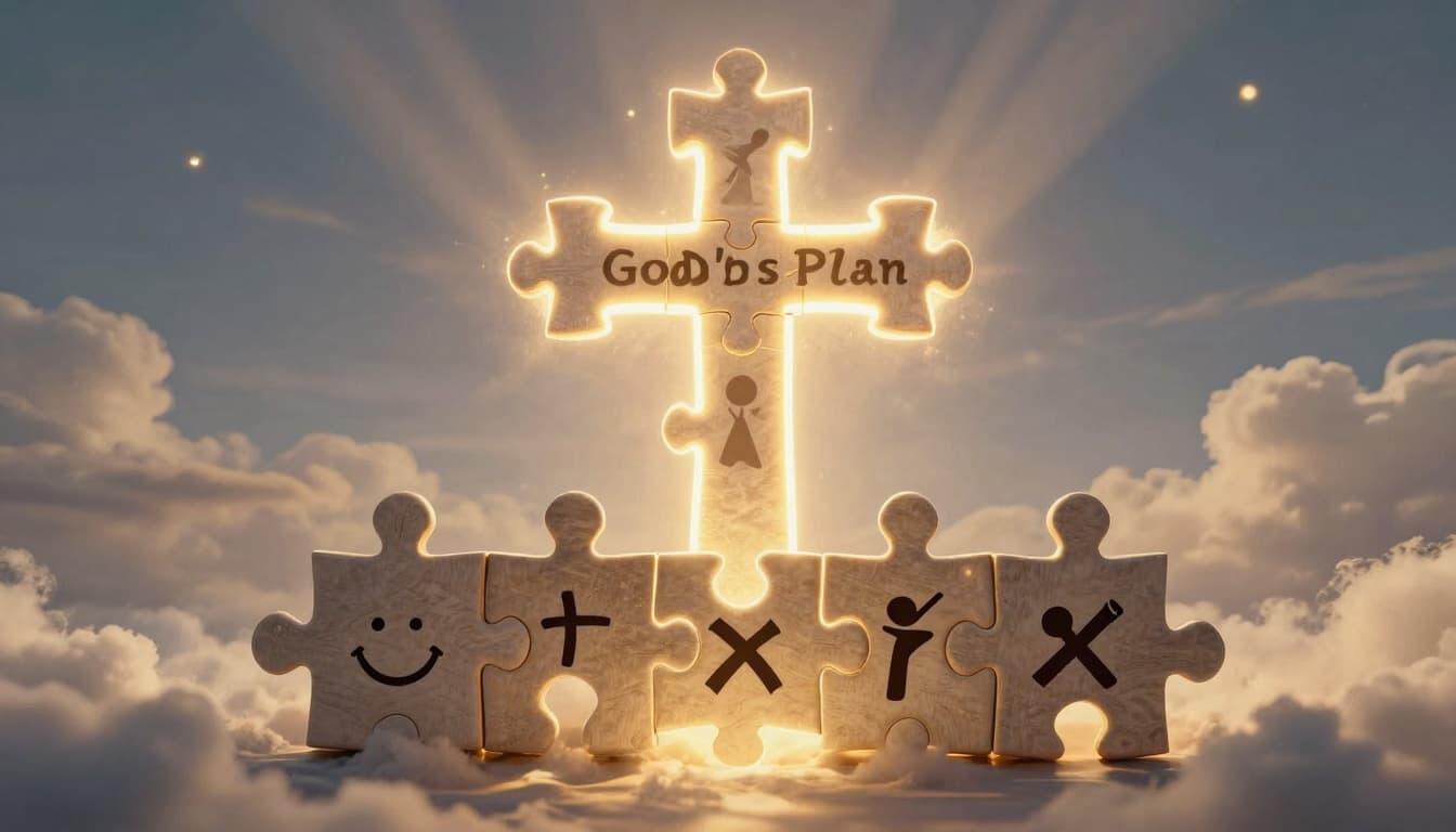 Light puzzle pieces forming a glowing cross in the sky, symbolizing God's plan bringing all things together for good.