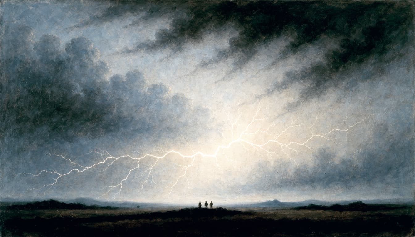 A classical painting of a dark stormy sky lit by a horizontal lightning flash over distant silhouettes.