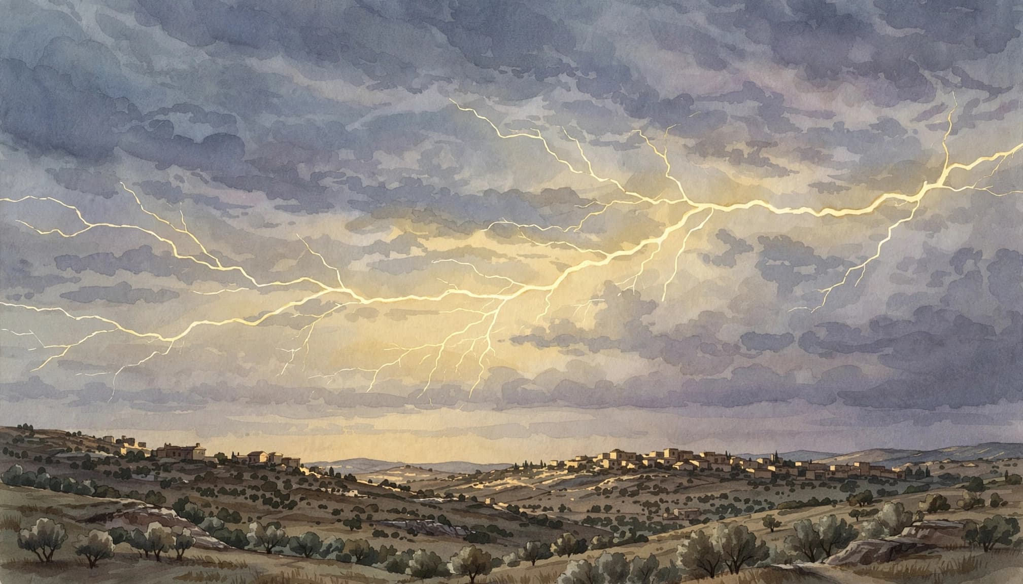 A watercolor illustration of a lightning flash across a stormy twilight sky over hills and a distant town.