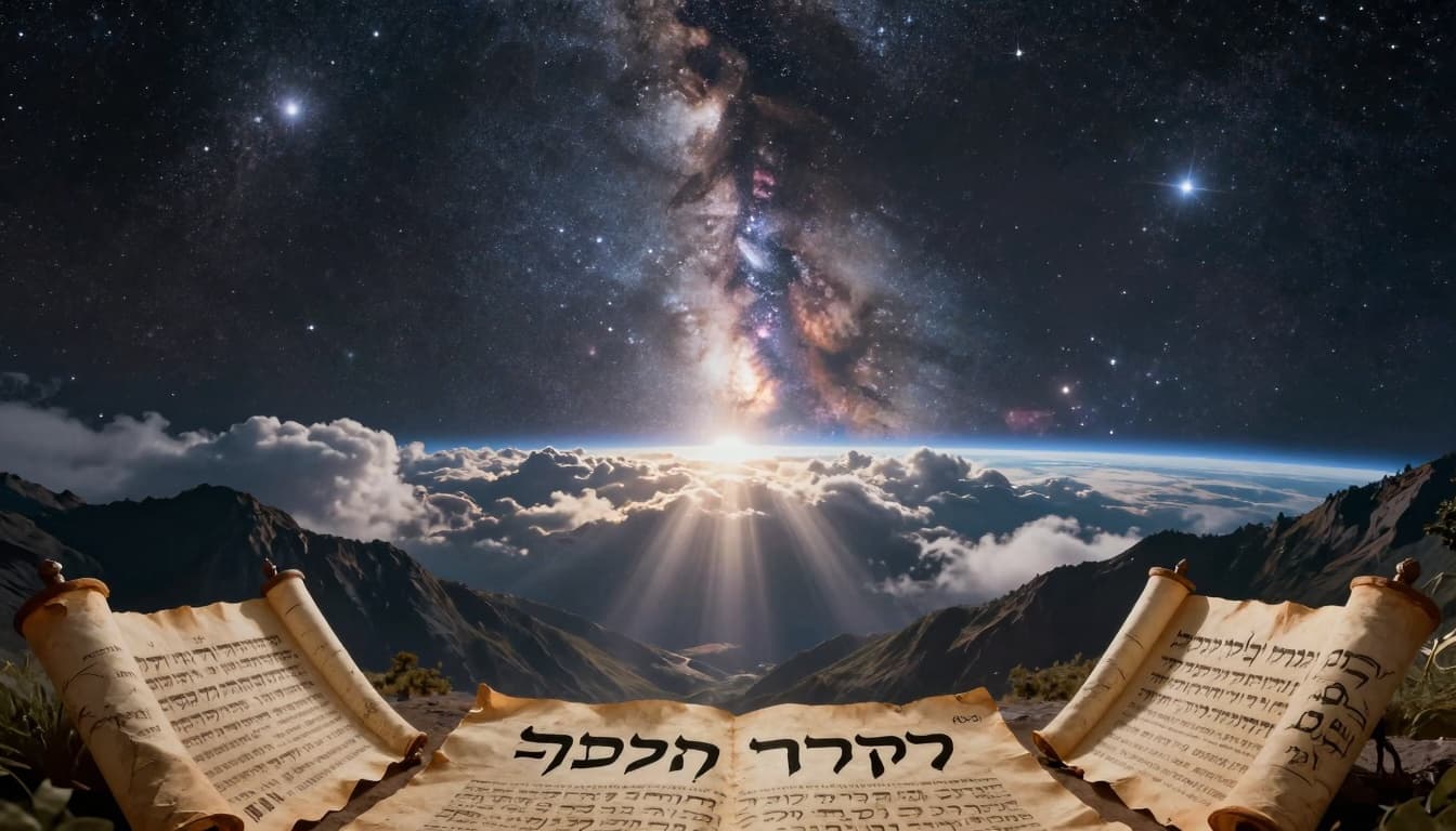 Stars, galaxies, and Hebrew scrolls portraying God's power