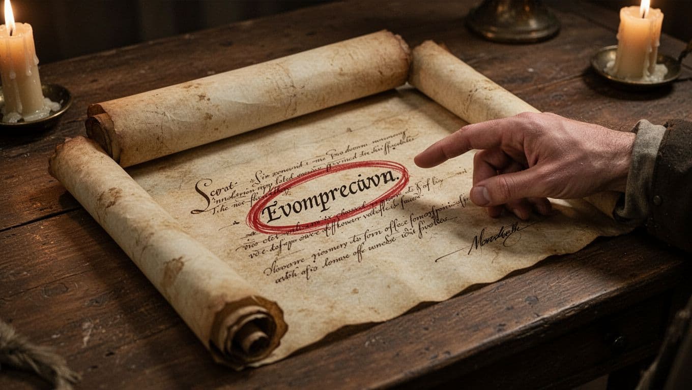 Unrolled ancient parchment scroll on wooden desk under candlelight shows Greek text of Matthew 16:4 with 'γενεὰ' circled in red ink and pointing hand nearby.