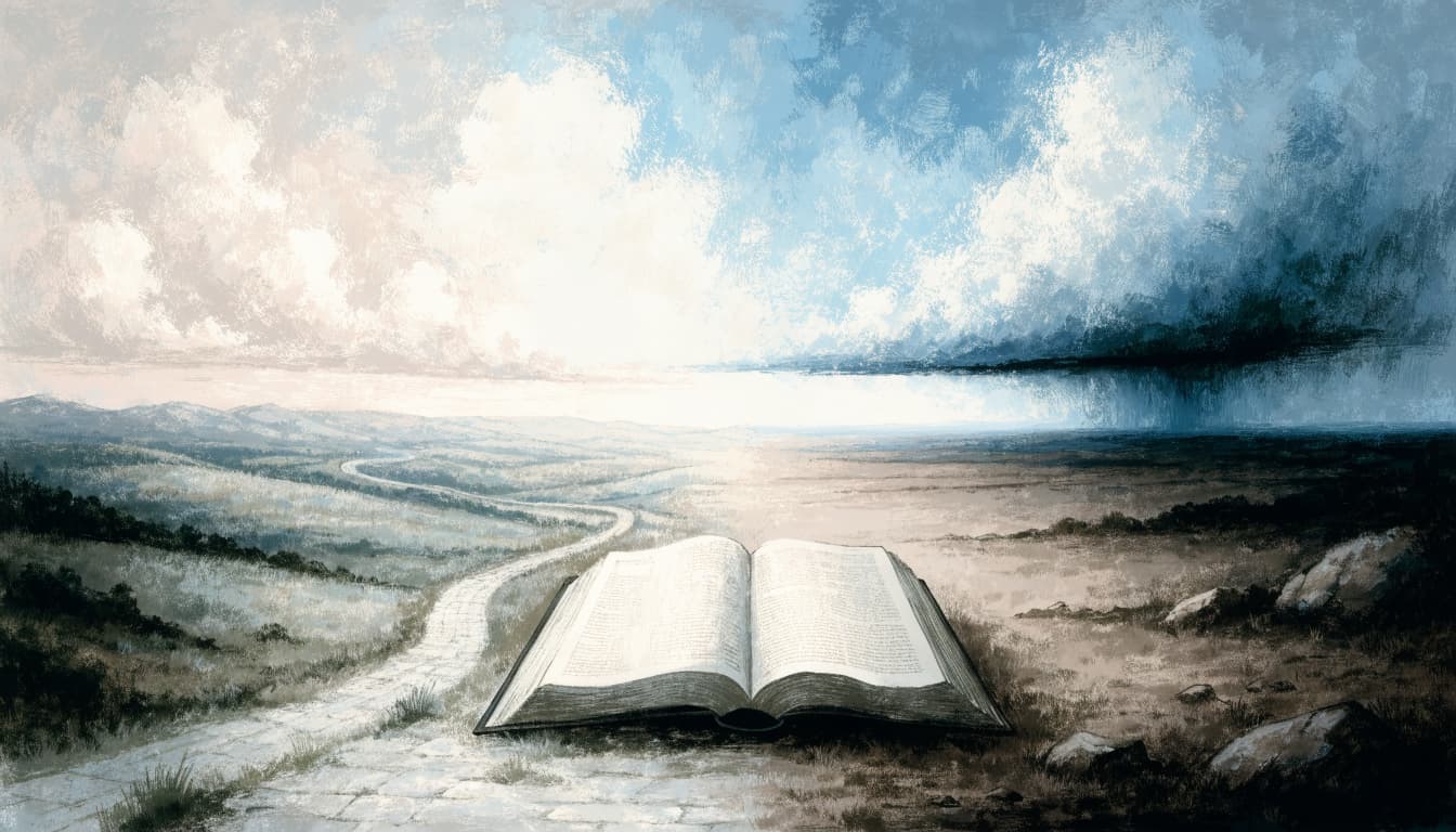 An open book lies in the foreground before a split landscape with a winding road and a storm.