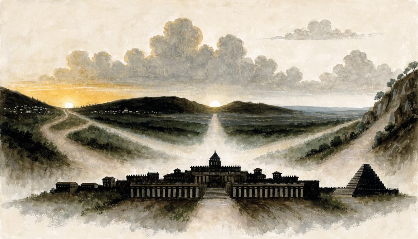 An illustrated landscape showing a temple silhouette with three paths branching out toward different horizons.