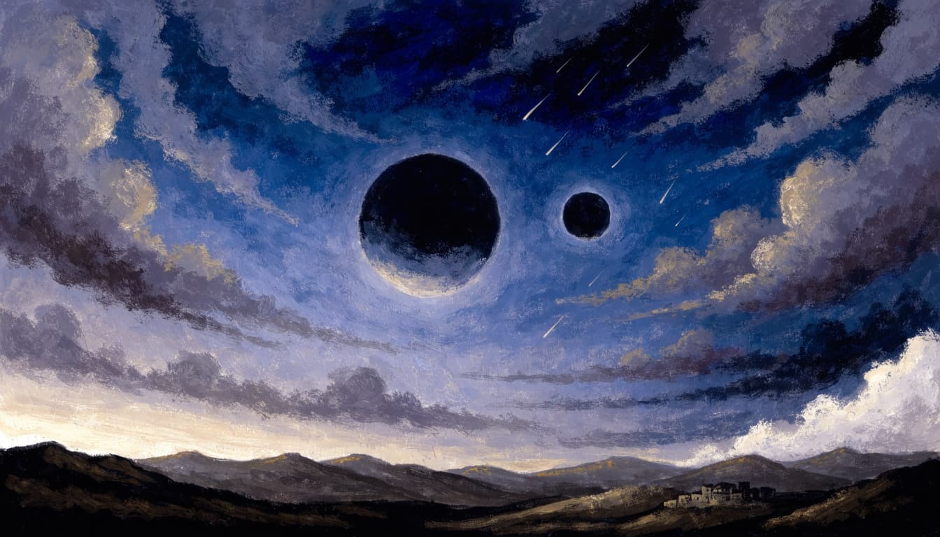 An illustration of a dark sky with a darkened sun and moon, falling stars, and hills below.