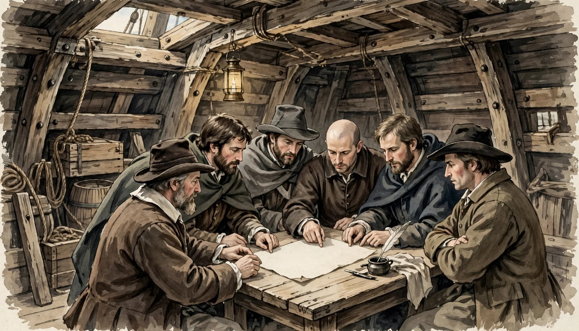 An illustration of six men in 17th-century clothing gathering around a table on a ship to sign a document.