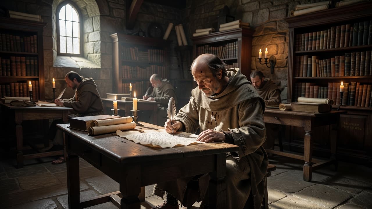 A robed monk sits at a worn wooden desk within a dimly lit stone scriptorium, carefully inscribing blank parchment with a quill. Soft golden light highlights his focused expression and surroundings.