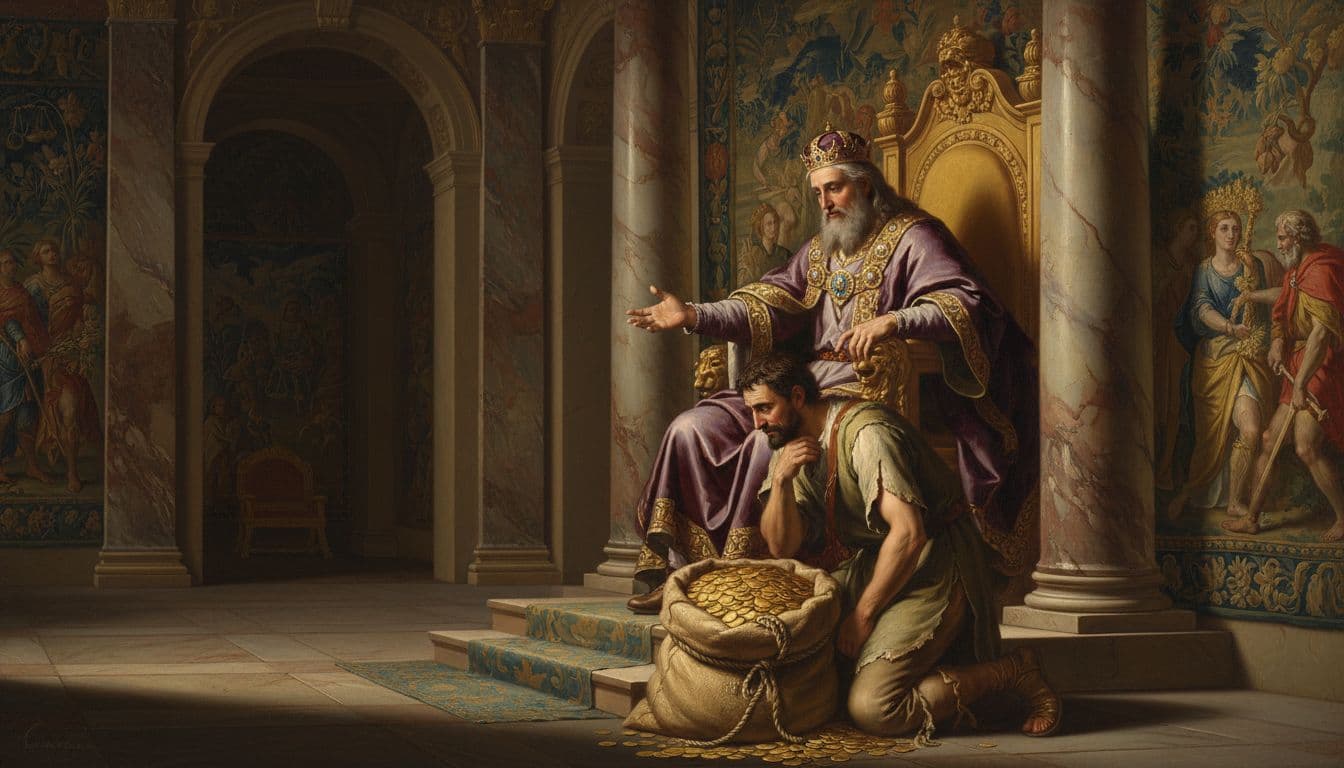 A classical painting style scene of a merciful king forgiving a servant’s great debt in a throne room.