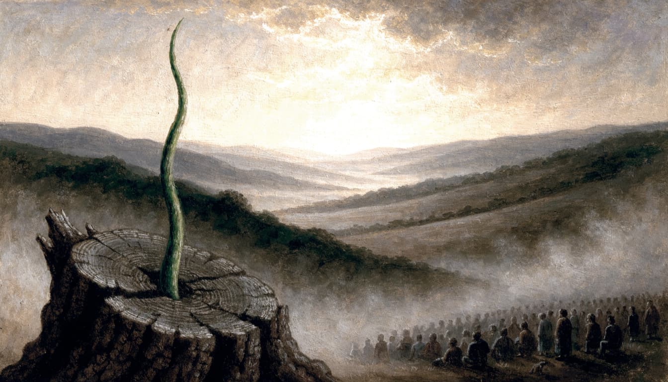 A green shoot rises from a tree stump with a distant gathering of people before hills.