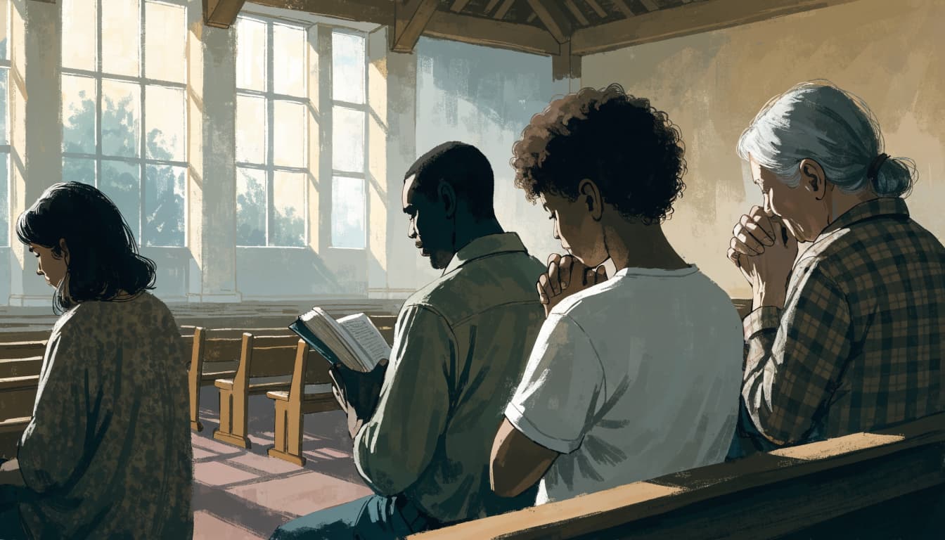 Four diverse adults sit in wooden pews inside a church, praying quietly with soft morning light.