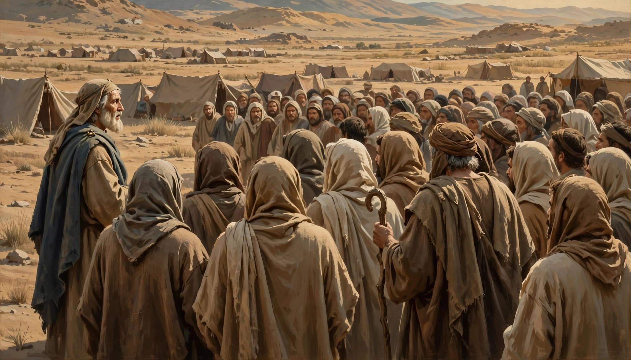 Moses speaking to a crowd of Israelites gathered in a desert camp.