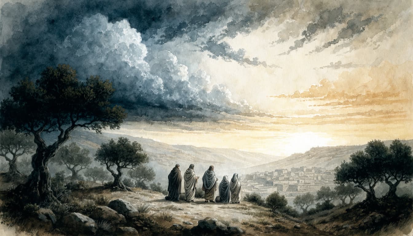 A watercolor illustration of six figures looking at a distant city under stormy skies shifting into dawn.