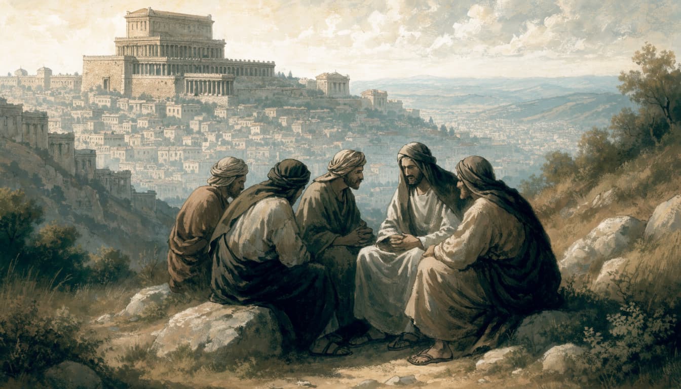 Five men in historical robes sit and converse on a hillside with a city and temple in the background.