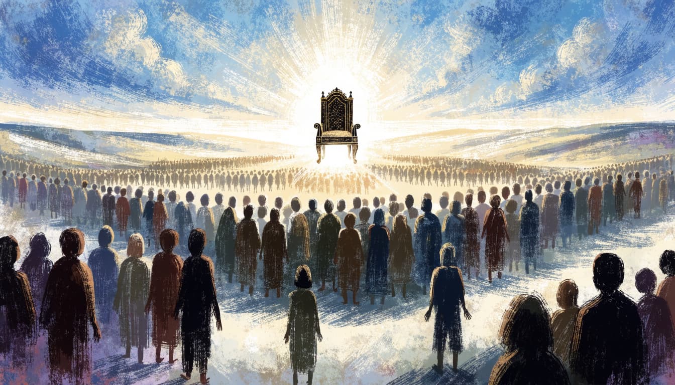 A large crowd of diverse people facing a radiant throne in a painterly style.