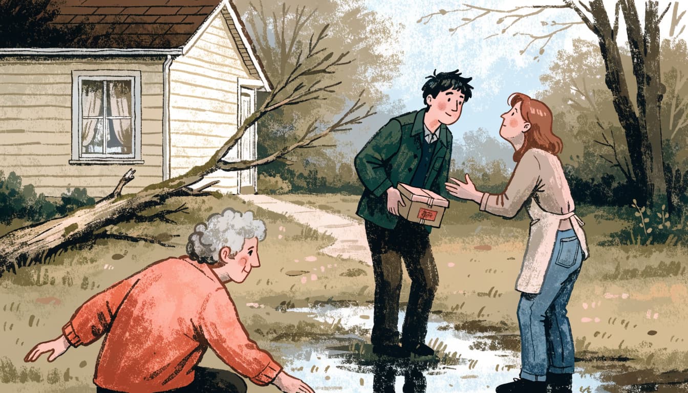 An illustrated scene of three neighbors helping outside a house near a fallen branch.