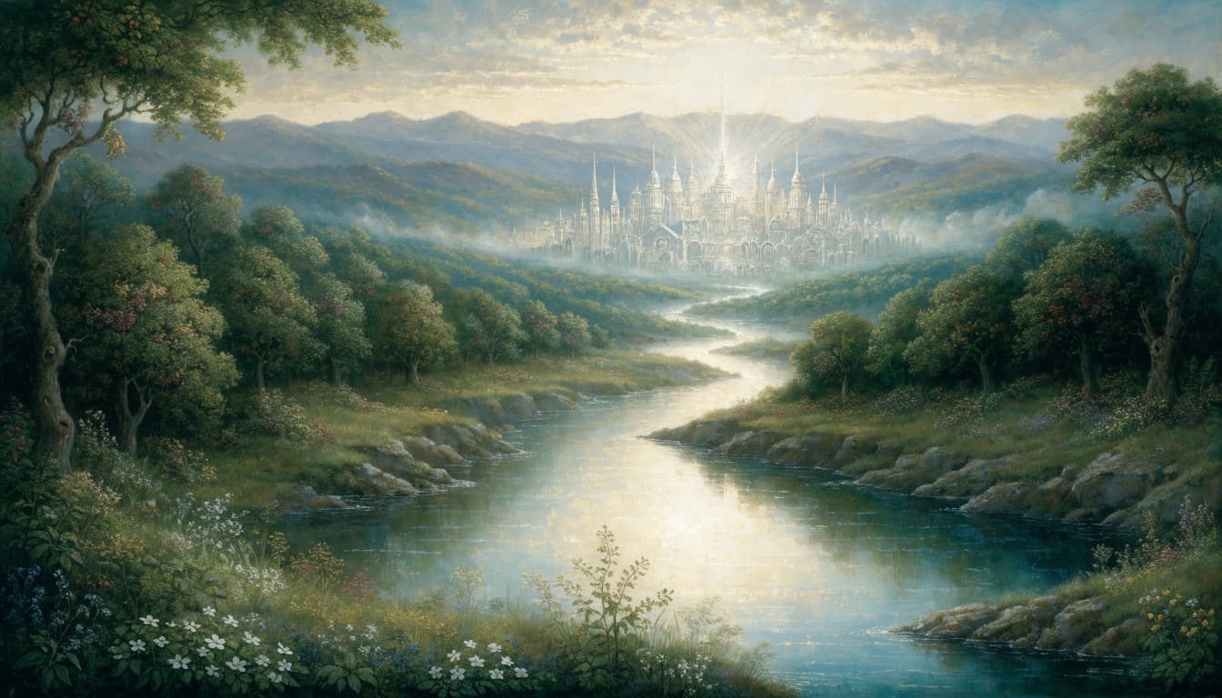A wide landscape view of a glowing river flowing through a lush green garden toward a luminous city at dawn.