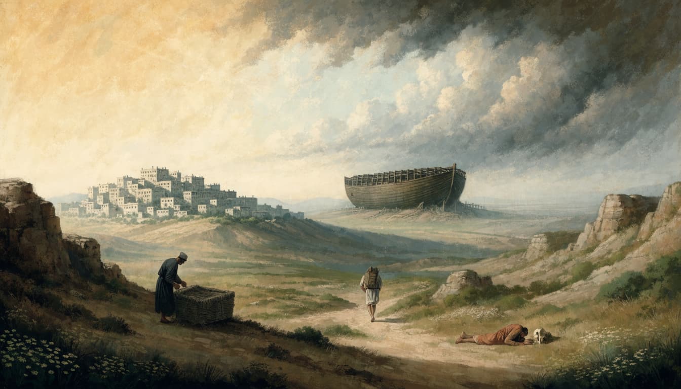 A biblical illustration showing a distant ark, an ancient city, and three figures in a landscape.