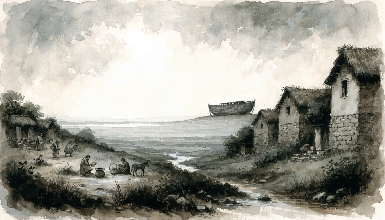 A watercolor and ink illustration of a village with villagers working near houses, with an ark in the background.