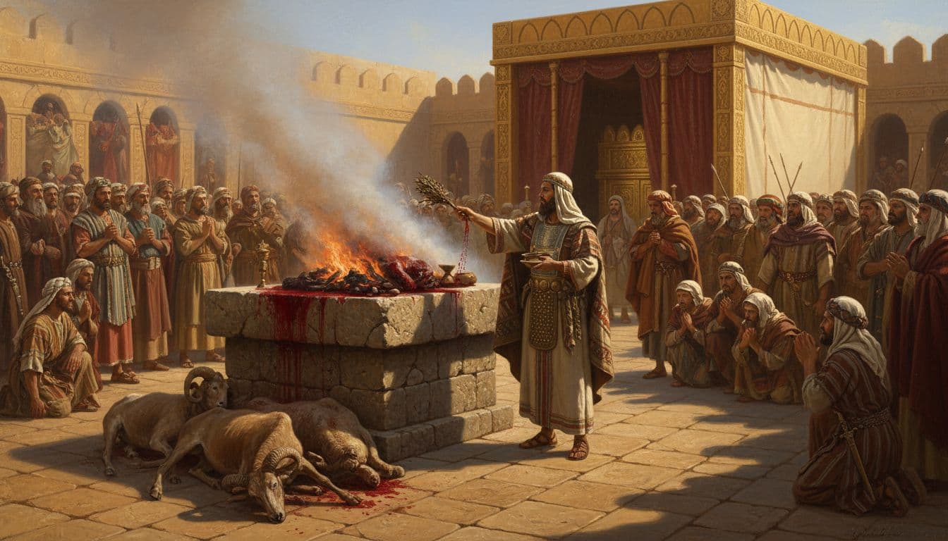 Old Testament priest offering an animal sacrifice on a stone altar, with blood sprinkled and smoke rising toward heaven. Image created with AI.