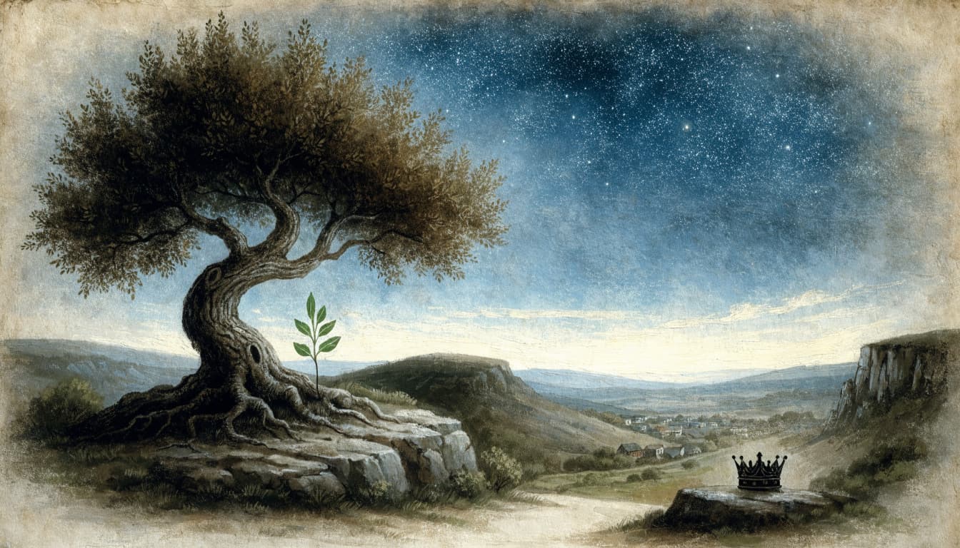 A hand-painted illustration of an ancient olive tree with a young shoot, a distant village, and a crown on a stone under a starry sky.