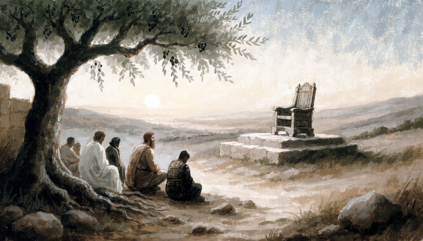 A group of diverse travelers sitting beneath an olive tree facing a stone throne at dawn.