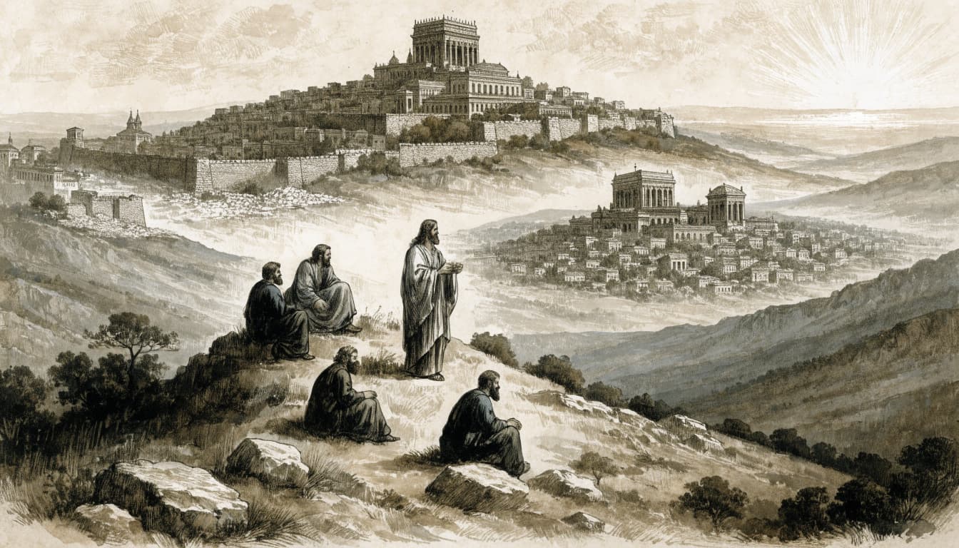An ink and watercolor illustration of Jesus and four disciples on a hillside overlooking Jerusalem.