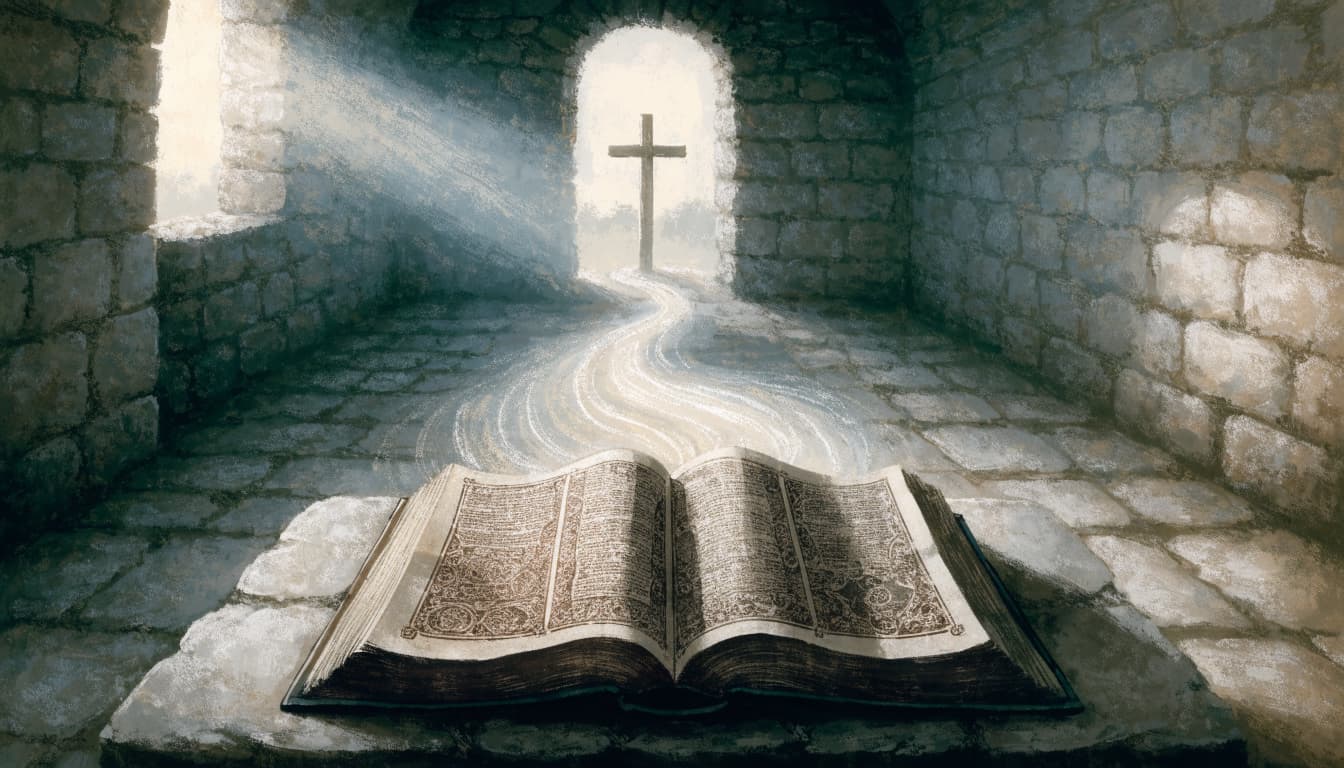 An open book on a stone surface with a path of light leading to a distant cross in a chapel.