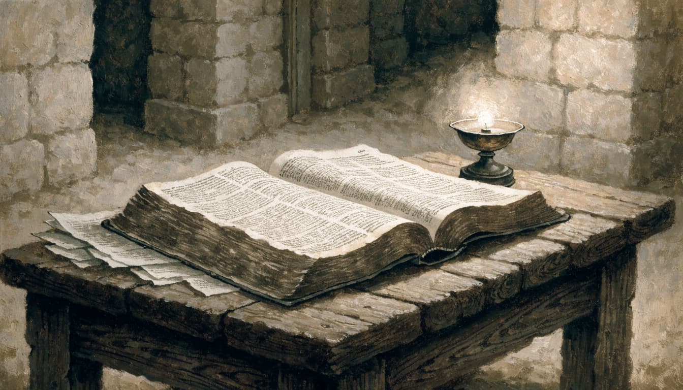 An open book and a small lit oil lamp rest on a wooden table in a stone room.