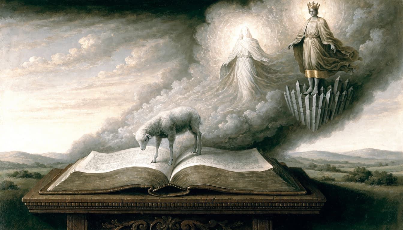 An open Bible on a wooden lectern with a lamb and angelic figures rising in clouds above it.