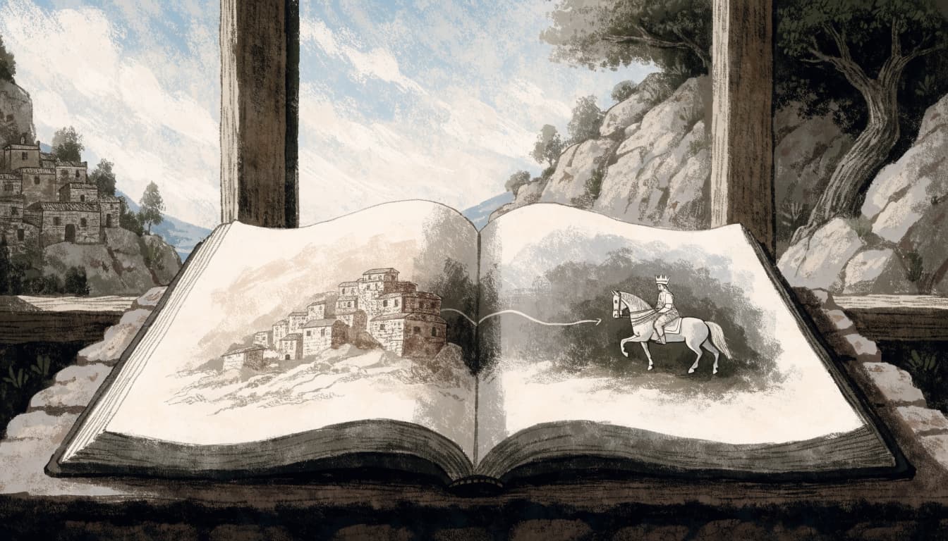 An open illustrated book on a stone table by a window shows an ancient village and a crowned rider.