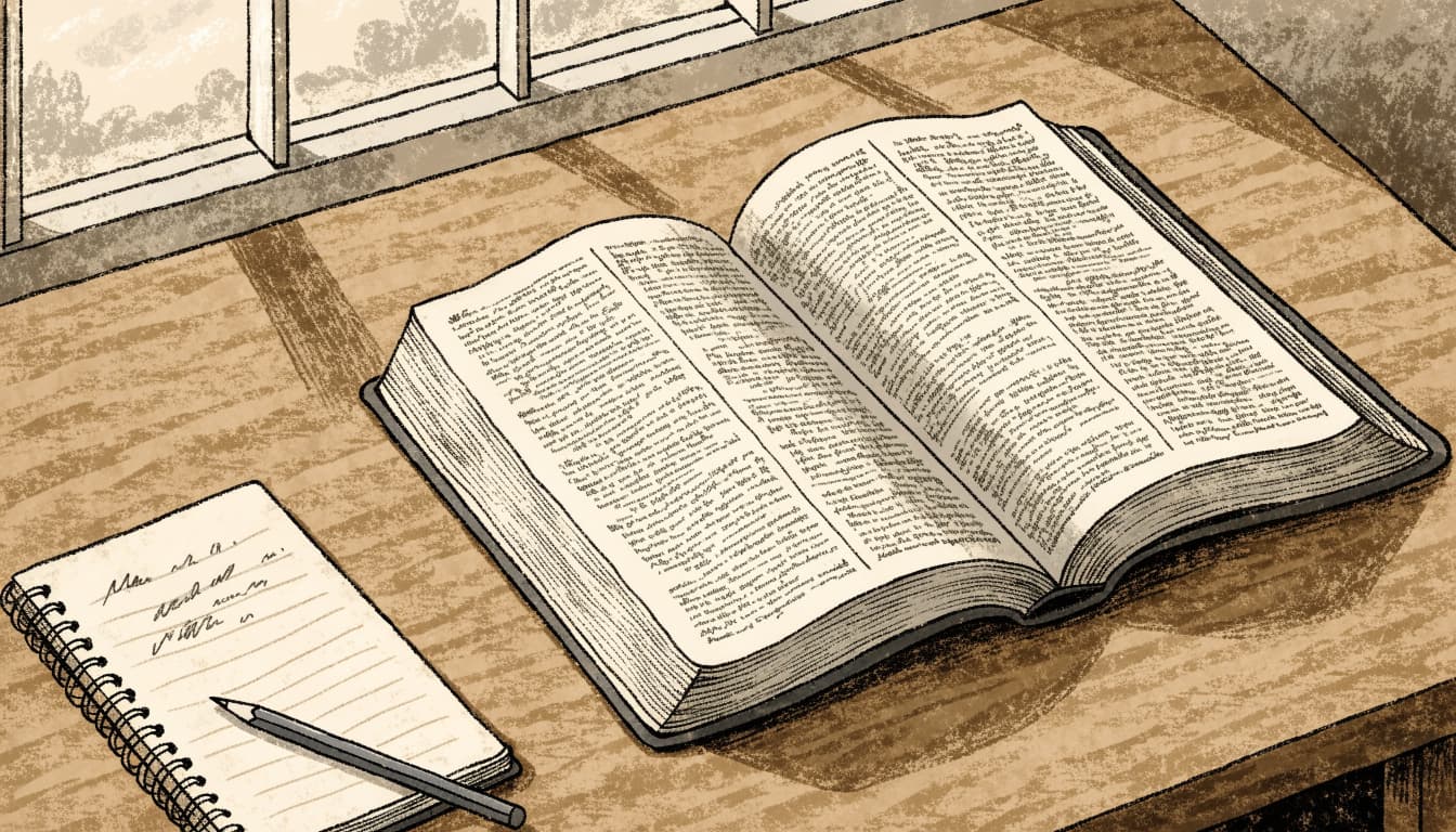 An illustrated open Bible and a small notebook with a pencil on a wooden table near a window.