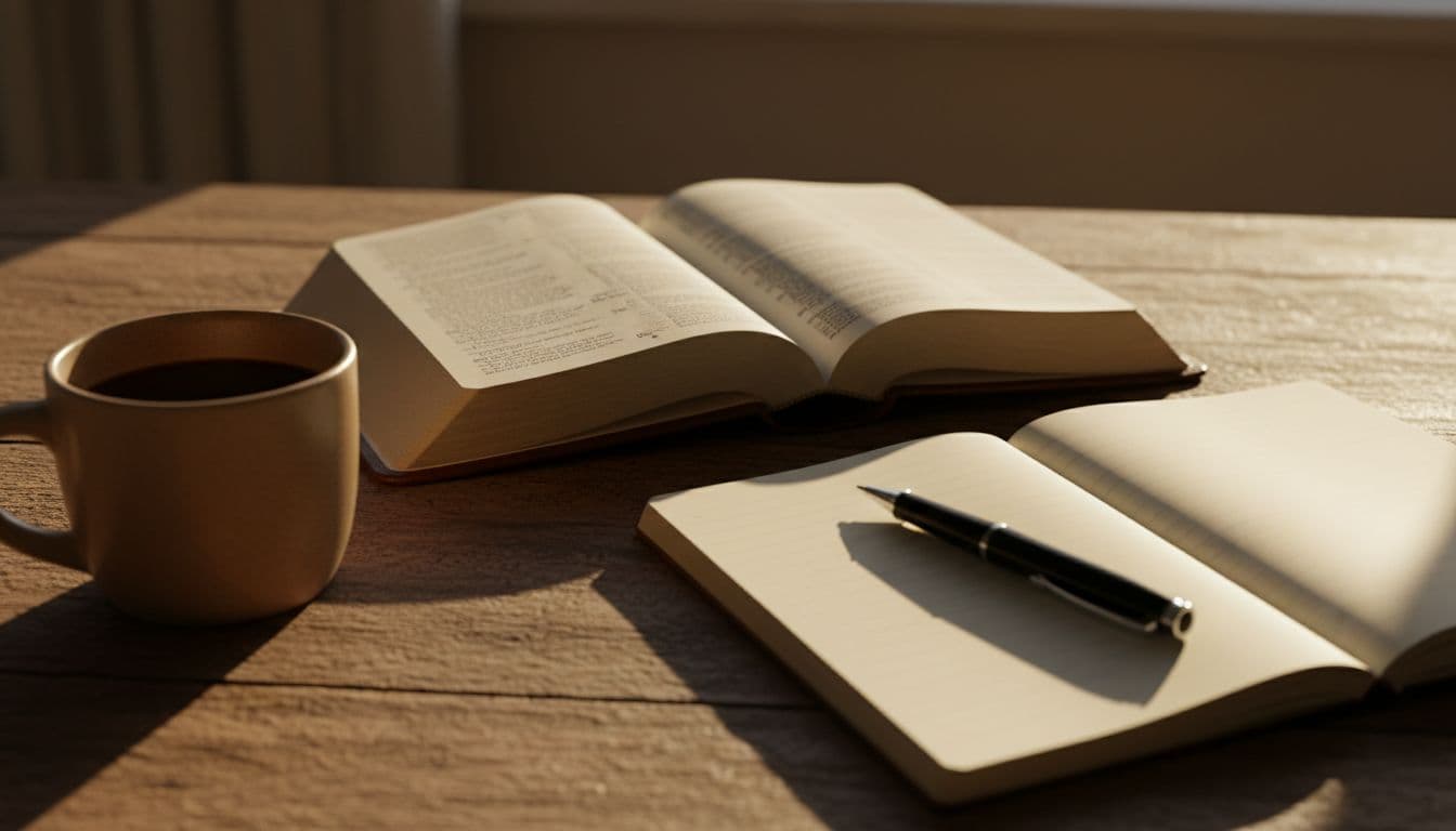 Close-up of an open Bible on a wooden table with notebook, pen, and coffee mug nearby, bathed in soft morning light with cinematic contrast and depth.