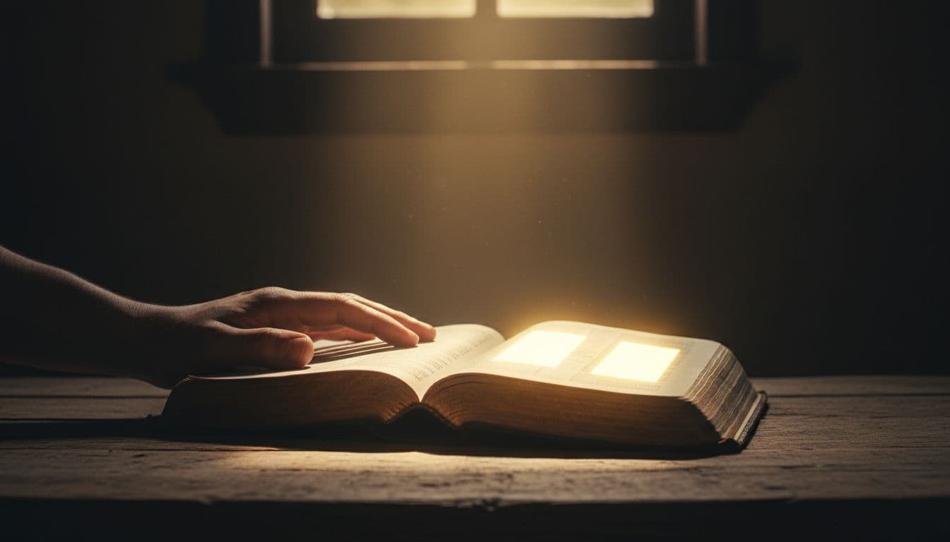 A worn leather-bound Bible open on a rustic wooden table in a softly lit room, with a golden beam of light illuminating the center pages and one relaxed hand resting near the edge, creating a serene, reverent atmosphere.