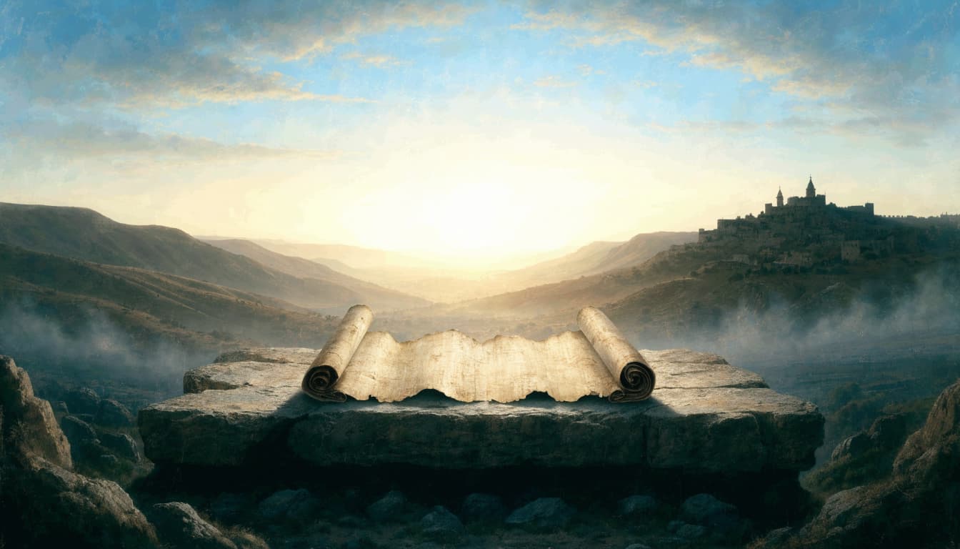 An open ancient scroll rests on a stone ledge before a sunrise over distant hills and a city.
