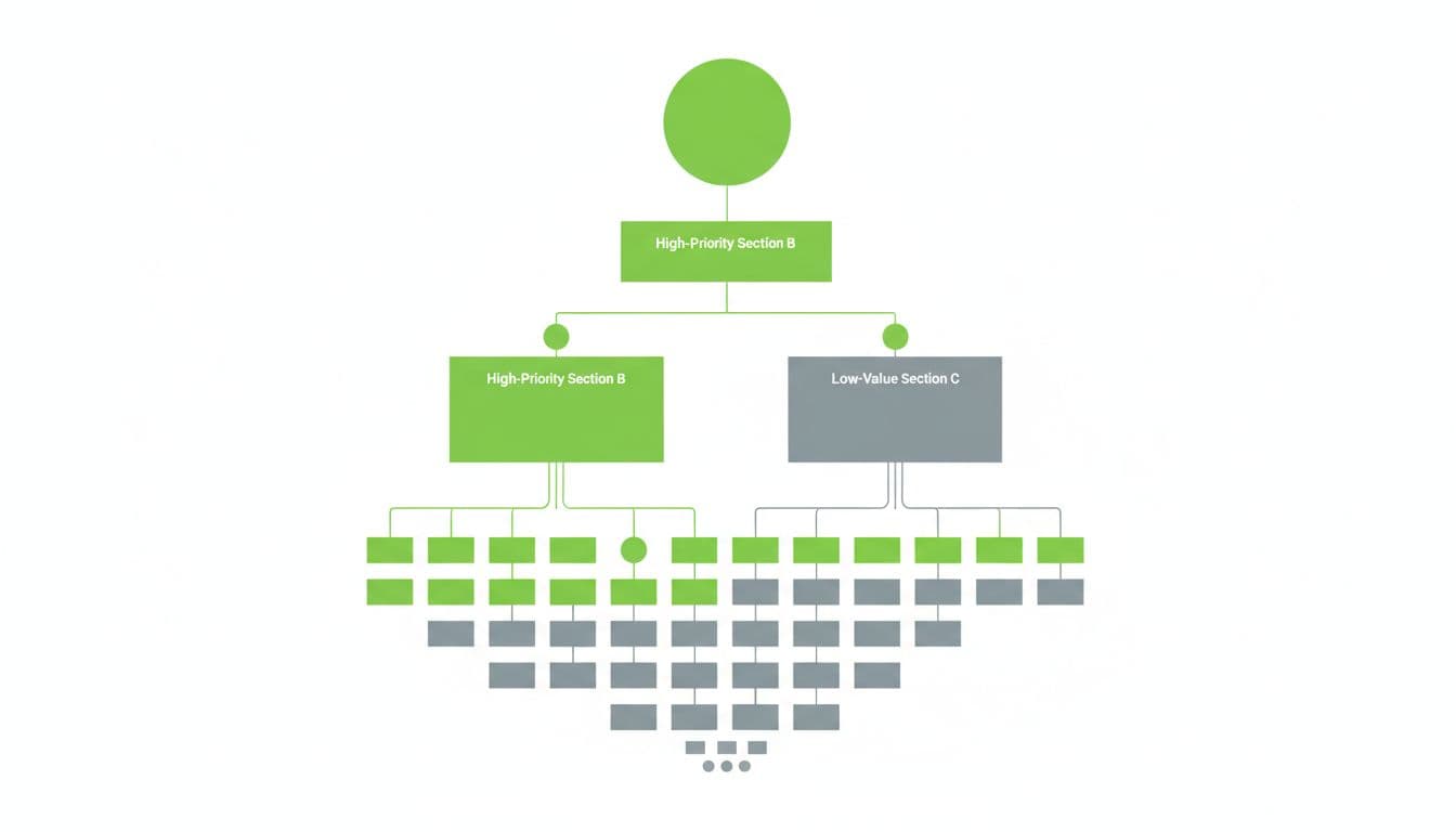 Infographic diagram of a website sitemap tree highlighting prioritized pages in green and low-value pages in gray on a white background.