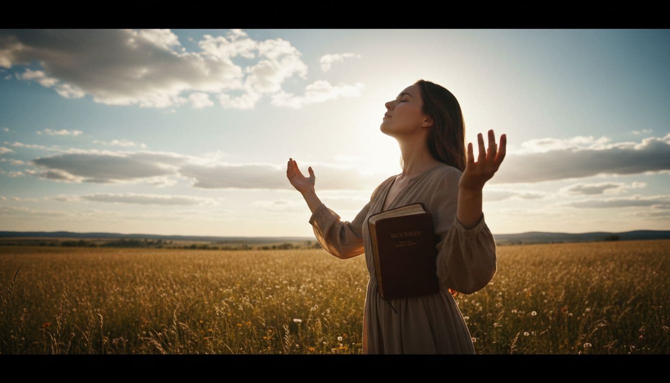 One person standing in a peaceful outdoor field at midday, arms raised in prayer, eyes closed, Bible under arm, cinematic style symbolizing surrender and renewed faith.