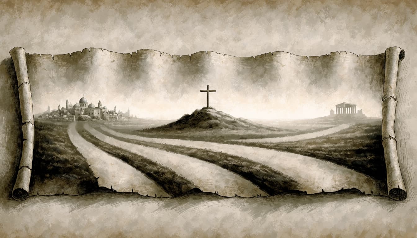 A parchment scroll displaying paths leading to a city, a cross on a hill, and a ruined temple.