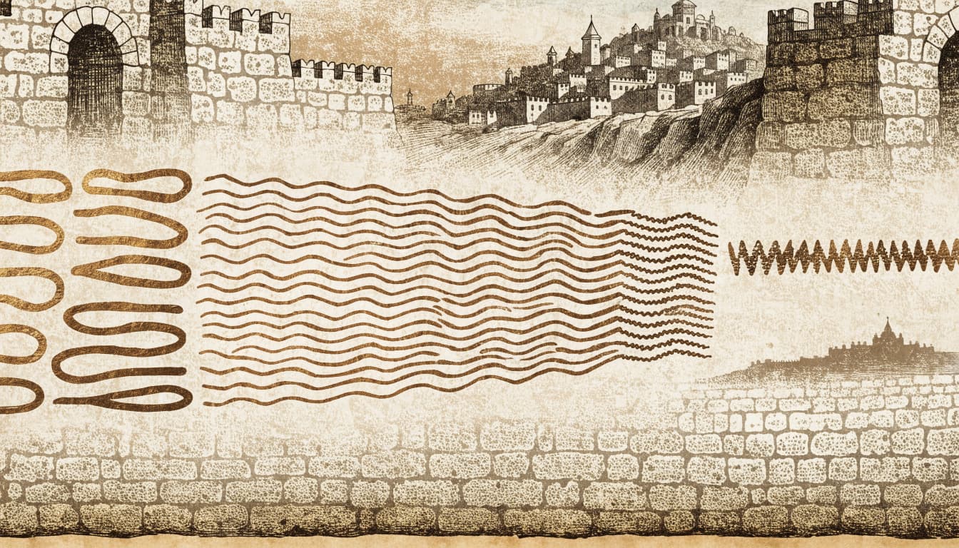 An illustrated parchment timeline showing three sequential bands of marks and a distant city silhouette.