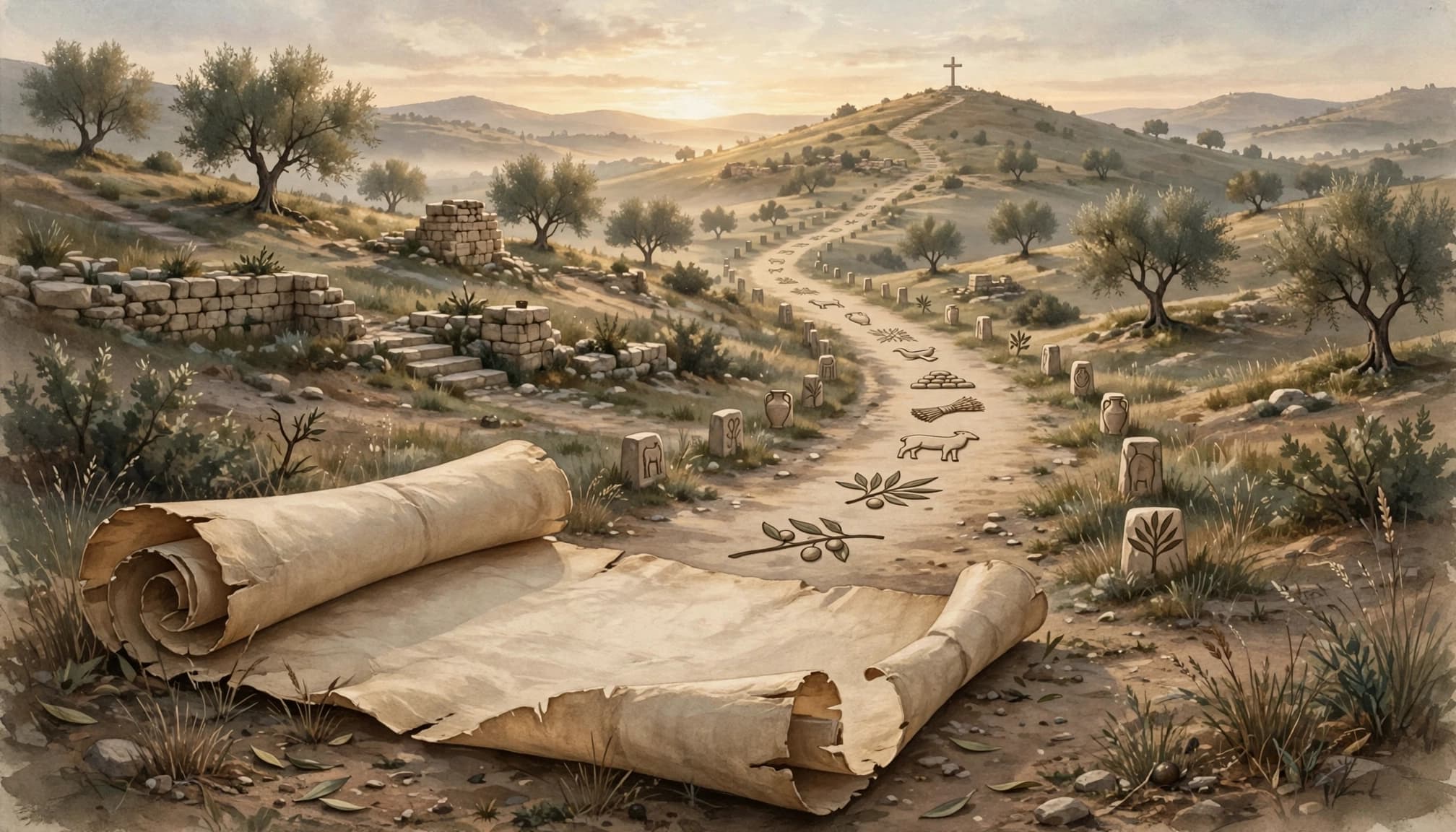 An ancient parchment scroll in the foreground with a winding path leading to a cross on a distant hill.