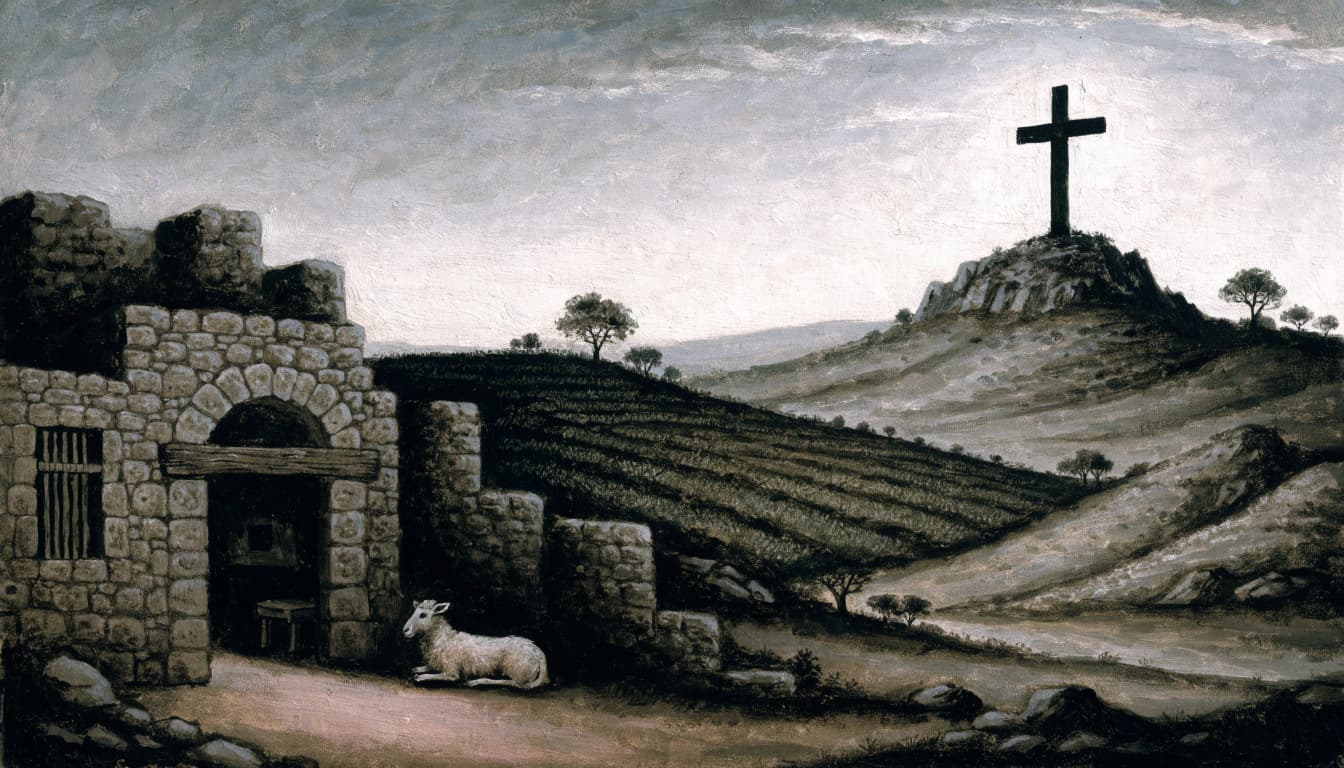 A painting of an ancient stone doorway with a lamb resting outside, leading toward a cross on a hill.